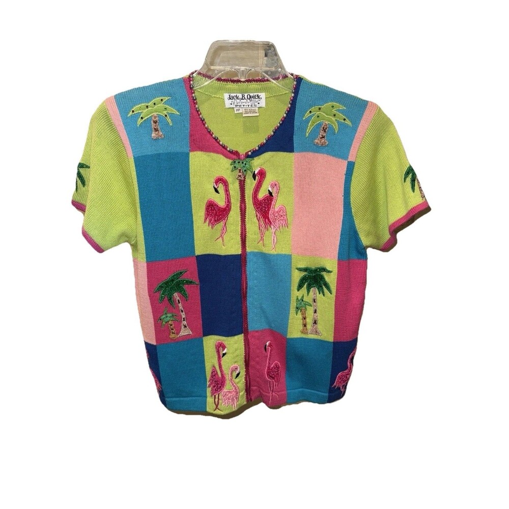 Jack B Quick Zip Up Cardigan Sweater Blue Green Pink Flamingo Palm Trees Petite